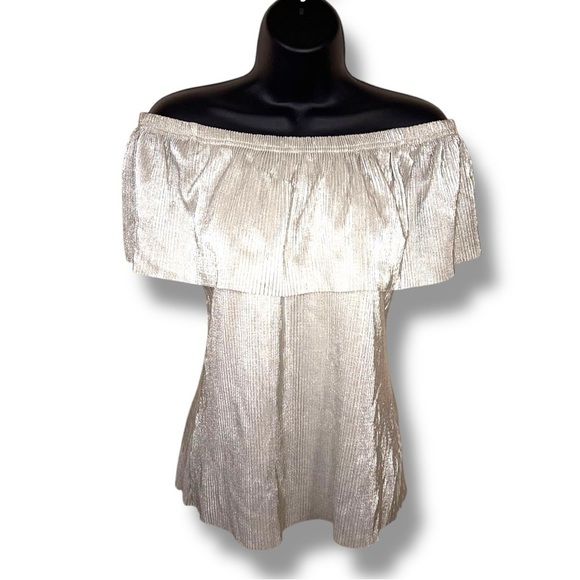 XS Ana Silver Off Shoulder Top Shimmer Glam  Stretch Event Party - Picture 1 of 13
